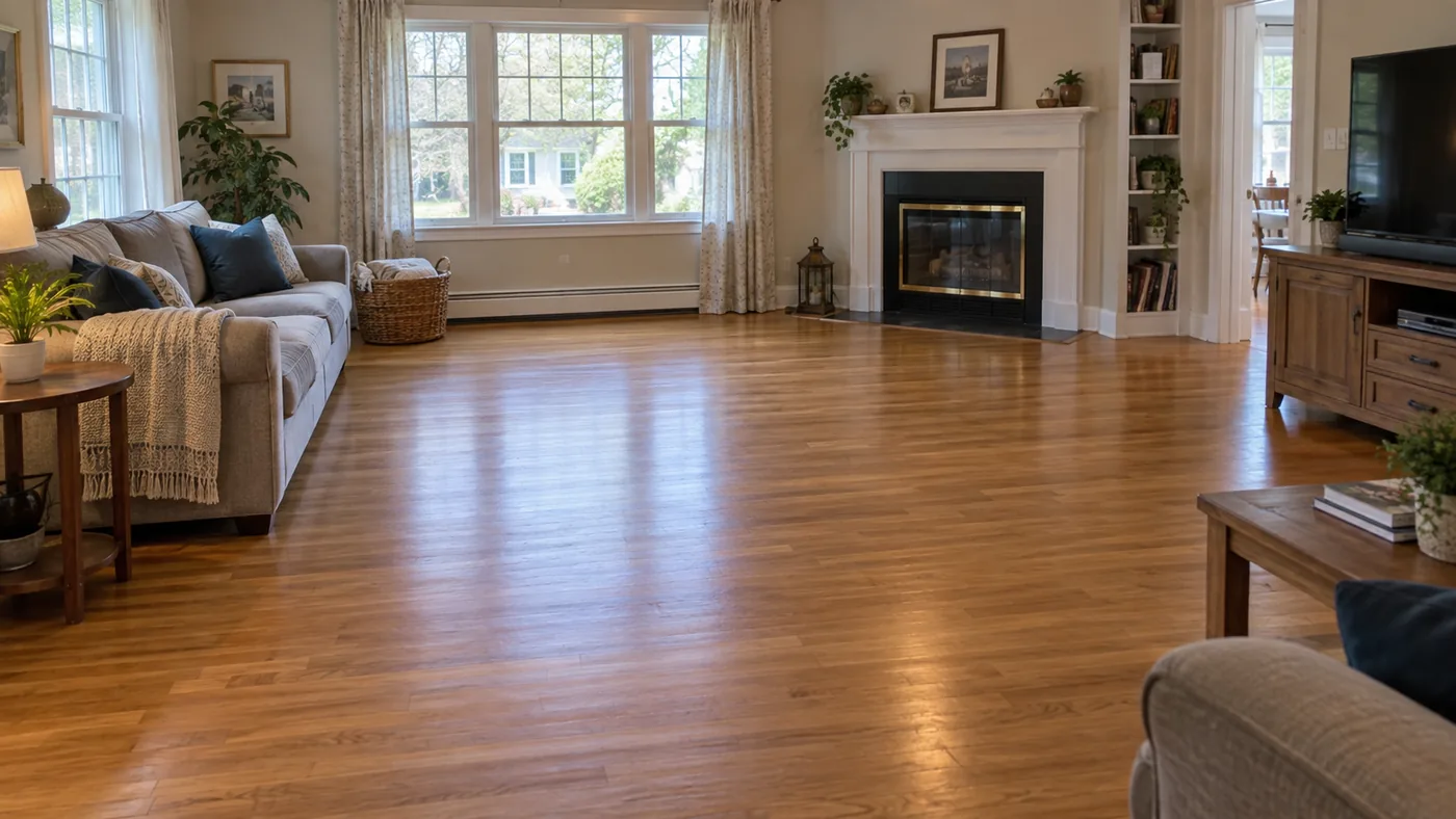 Illustration of a living room with furniture at the edges and a large clear wood floor
