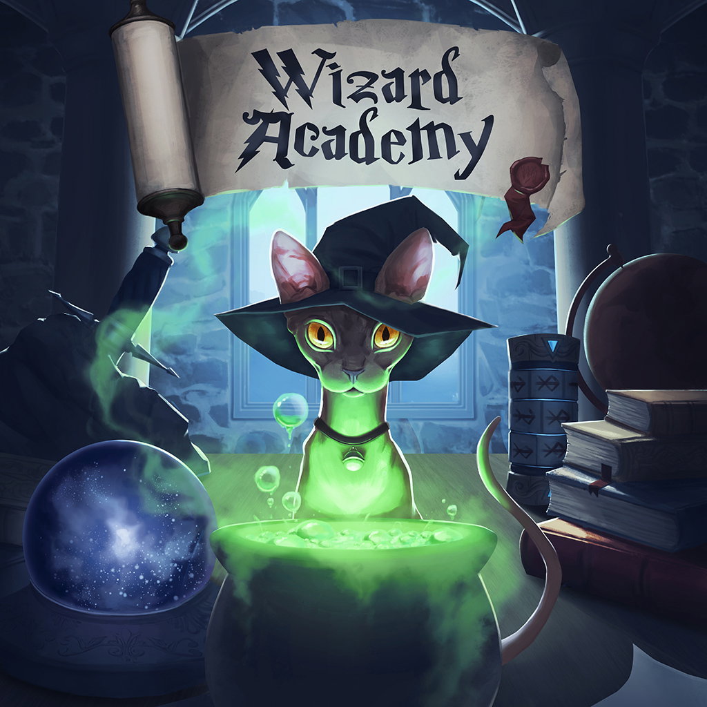 Wizard Academy artwork with a magical cat and cauldron