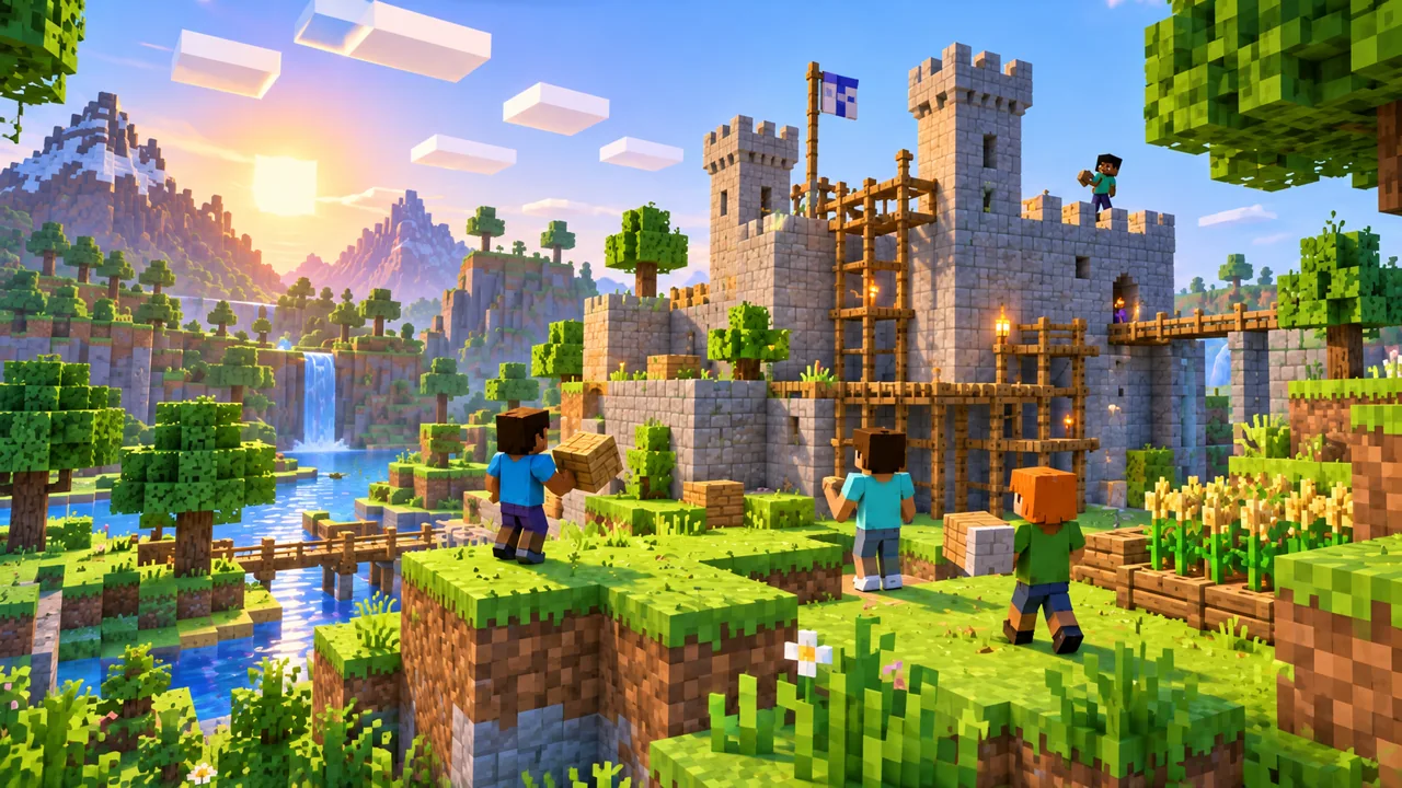 Illustration of a block-building game world with a castle under construction