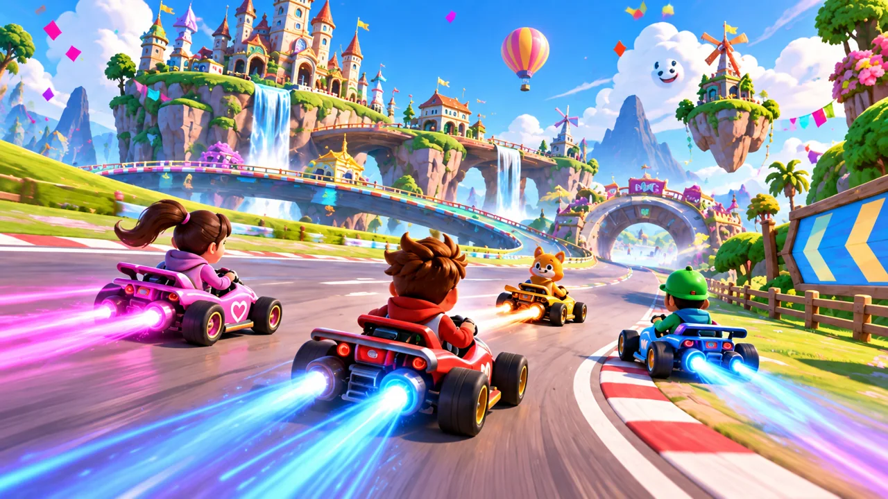 Illustration of a colorful kart racing game world